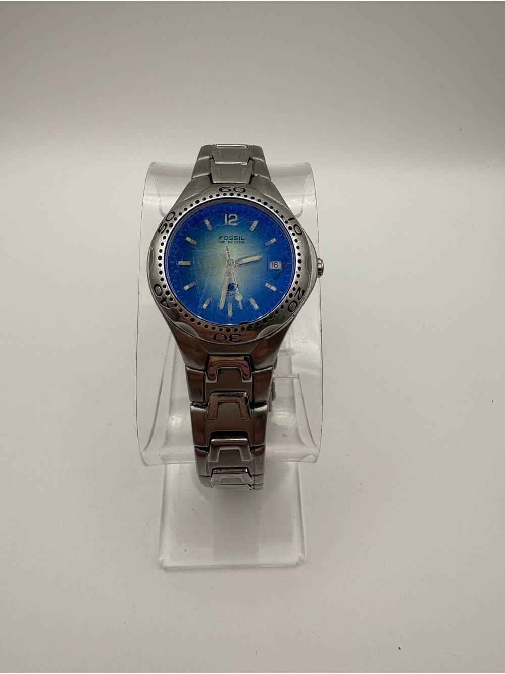 Vintage Fossil AM-3457 Silver Stainless Steel Watch with Blue Dial Tested Works